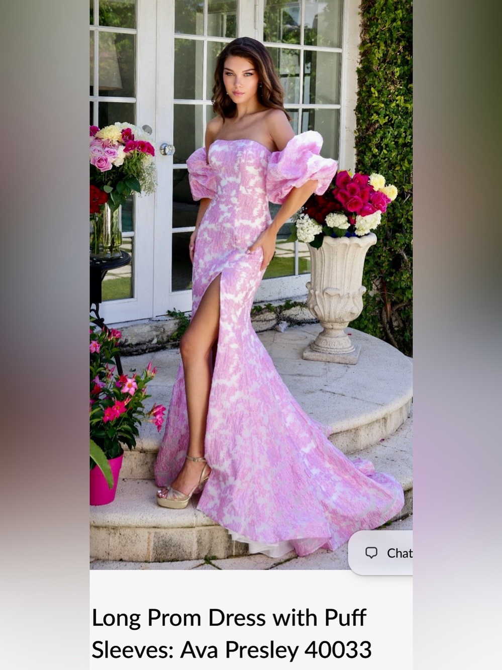 Ava Presley Brocade Prom Dress Detachable Puff Sleeve Pink White Trumpet Gown